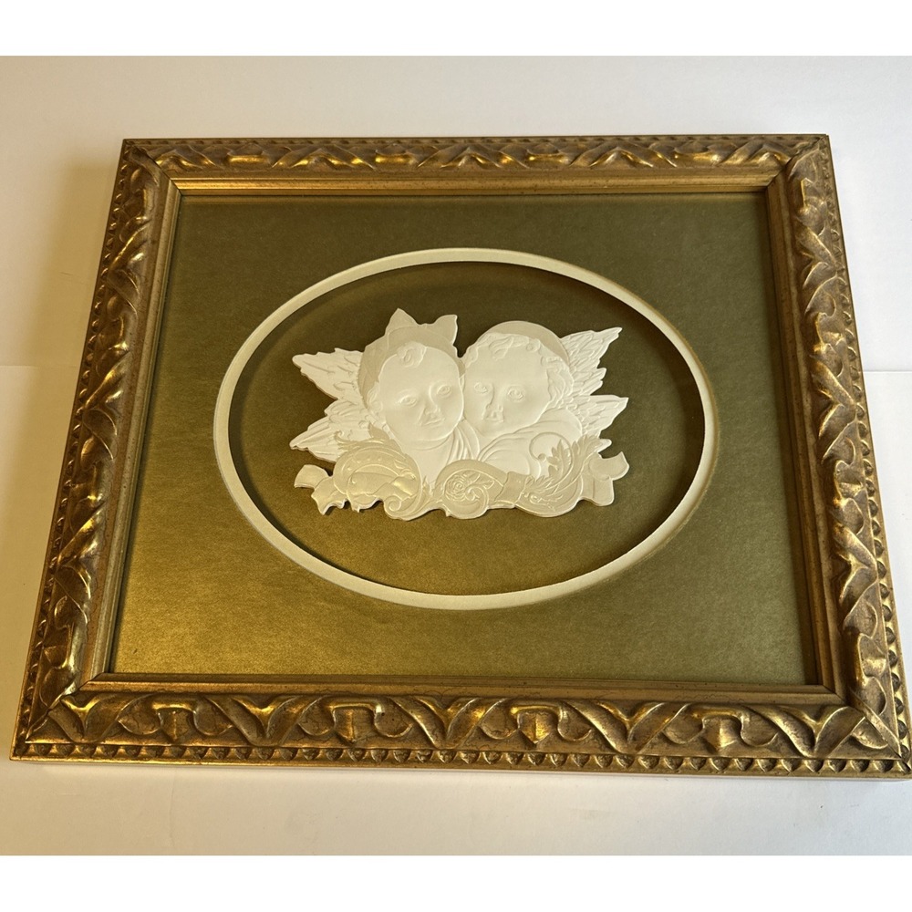 Vintage White Cherub Oval with Gold Wooden frame Green Mat 12" x 14"